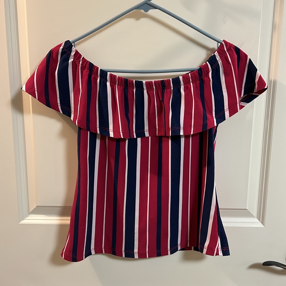 DISCREET Off The Shoulder Crop Blouse - Red, White, & Blue